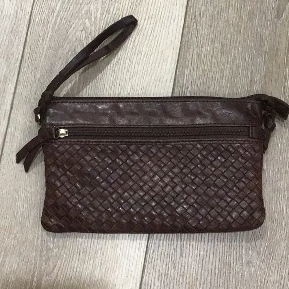 Margot Brown Woven Leather Clutch Wristlet Bag